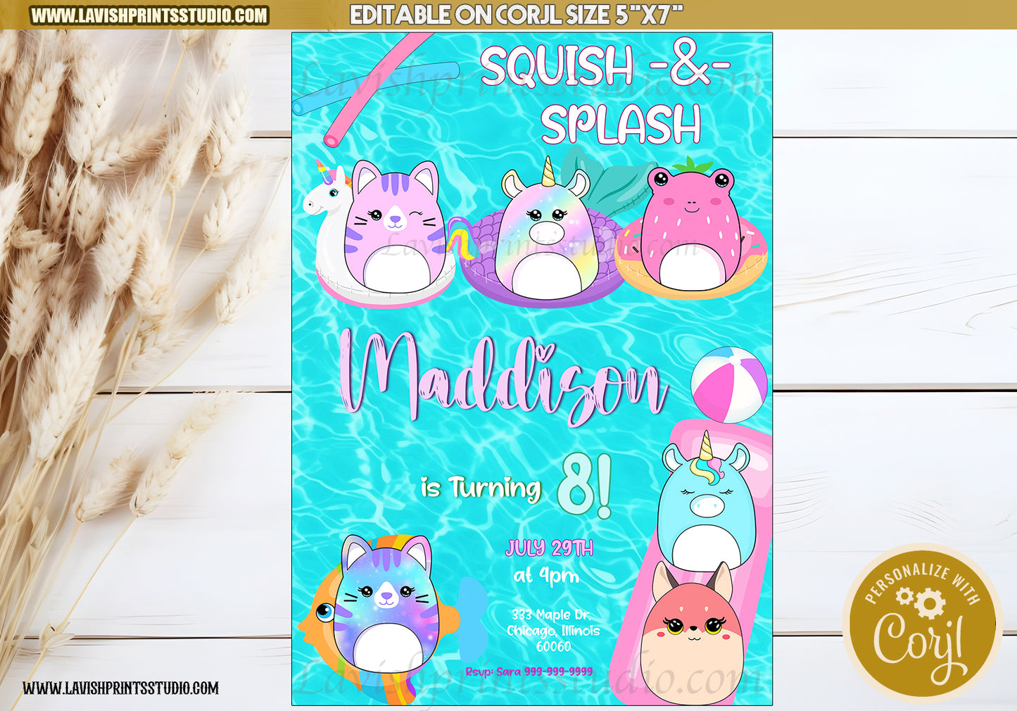 Squishmallow Birthday Invitation, Squishy Invitation,Customizable Squishmallows Birthday Party Invitation, Squishmallow Party, Editable, Squishmallow Pool Party Invitations