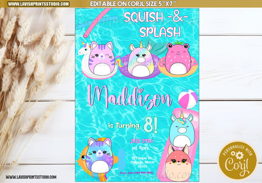 Squishmallow Birthday Invitation, Squishy Invitation,Customizable Squishmallows Birthday Party Invitation, Squishmallow Party, Editable, Squishmallow Pool Party Invitations