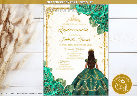 Quinceanera Emerald Green Invitations, Verde Flores Quince Anos Invites, Green Floral Quinceanera, Invitaciones de Quinceanera Esmeralda Verde, Affordable Quinceanera Invites