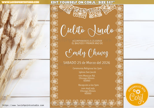 Cielito Lindo Invitation, Cielito Lindo Baptism Invites, Cielito Lindo Baby Shower Invitation,EDITABLE, Papel Picado Bautizo, Mexican Theme