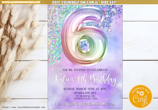 6th Birthday Invitation Glitter Sixth Birthday Invitation Template Editable Girls Invitation Editable Glitter Birthday Party