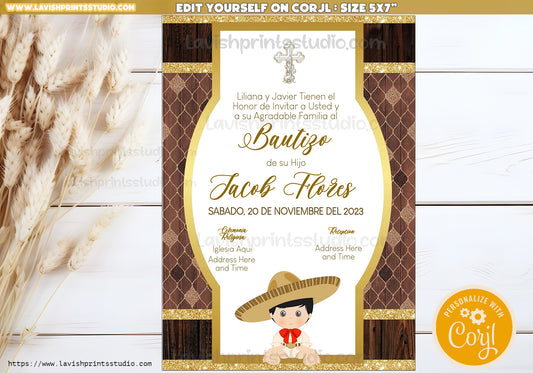 Charro Invitation,Mexican Theme Invites,Spanish Baptism, Charro Theme Bautizo, Invitaciones de Bautizo, Mexican Theme Baptism, EDITABLE